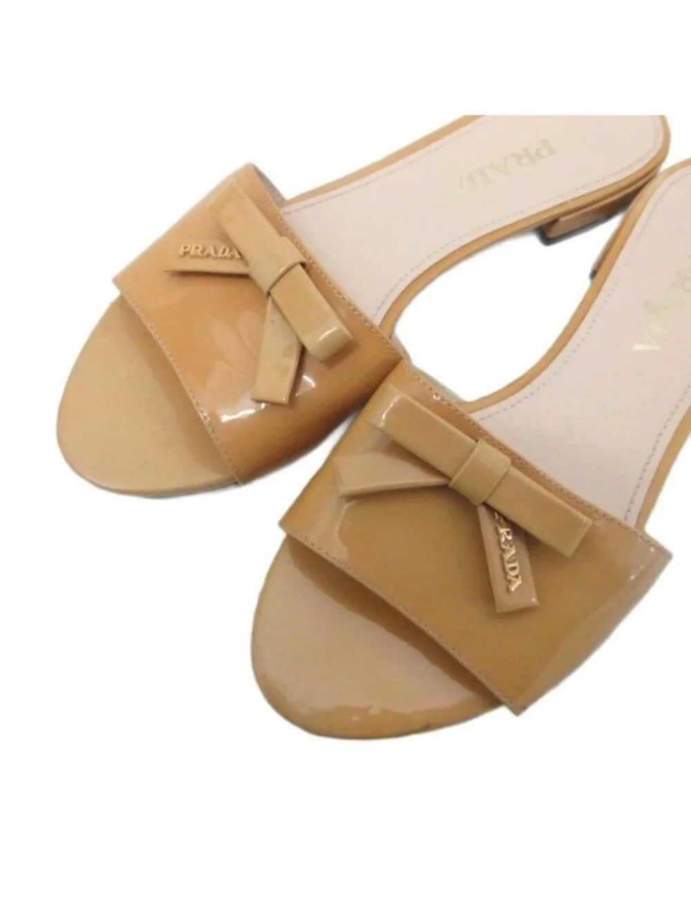 Prada Flat Sandals Mule Ribbon Motif Logo Gold 37.5 Beige Yellow - Picture 5 of 8